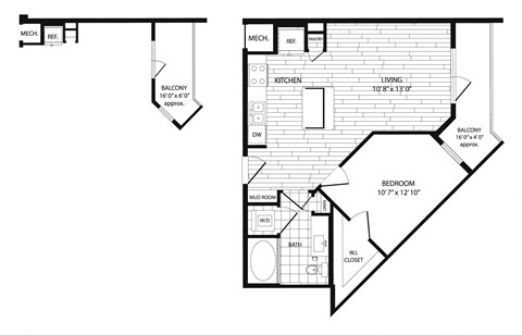 Floor plan for 1 bed, 1 bath, 662 sqft